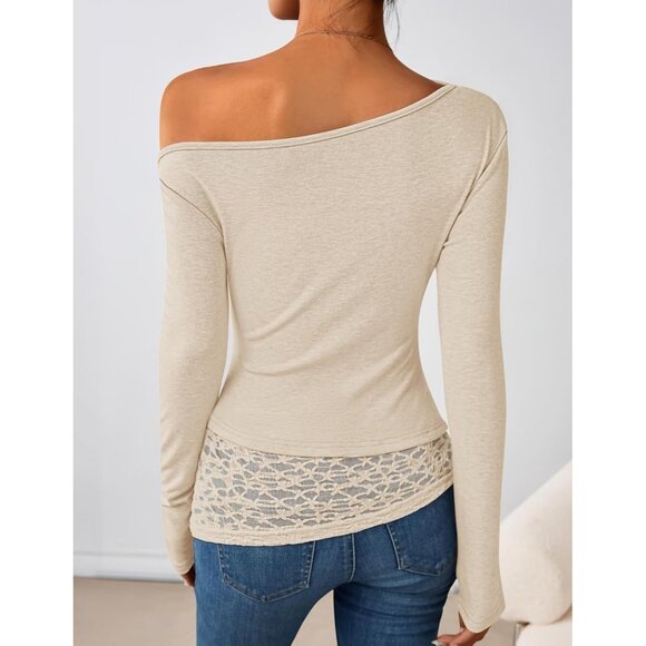 Women Apricot Long Sleeve Off Shoulder Tops Casual Boat Neck Lace Shirts Blouses - Picture 2 of 5